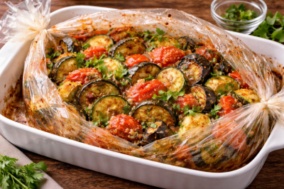 Кладу овощи и взбитые помидоры в рукав для запекания: через 30 минут ароматный гарнир к мясу готов