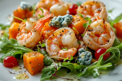 Готовлю салат с креветками и тыквой. Сверху нежная заправка на апельсиновом соке &mdash; изысканно и питательно