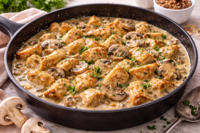Вместо надоевшего гуляша: фрикасе из курочки с шампиньонами &mdash; всё жарим на сковороде и получается идеально