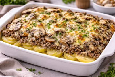 Кладу слоями фарш, картошку и грибы: самая вкусная и простая запеканка, которая легко сойдет за праздничное блюдо