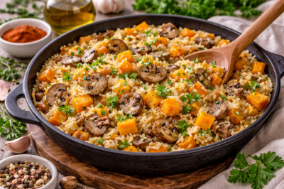 Готовила себе постное, но понравилось всей семье: рис на сковороде с грибами и тыквой