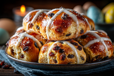 Вместо кулича — крестовые булочки с изюмом и вишней: мягкие, пряные, с хрустящей корочкой. Украшение пасхального стола