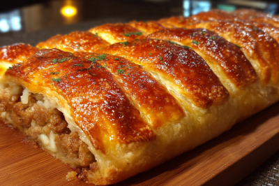 Беру слоеное тесто и фарш &mdash; выкладываю полосками. Через 40 минут на столе пирог, сочнее беляшей и пышнее пиццы