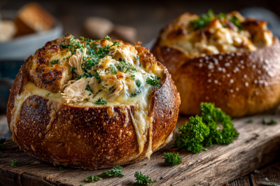 Подаю жульен в булочках &mdash; и посуда не нужна! Сочная начинка с курицей и грибами в хлебной тарелке. Запекается 15 минут